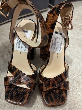 Jessica Simpson Leopard Print Strappy Block Heels with Gold Buckle